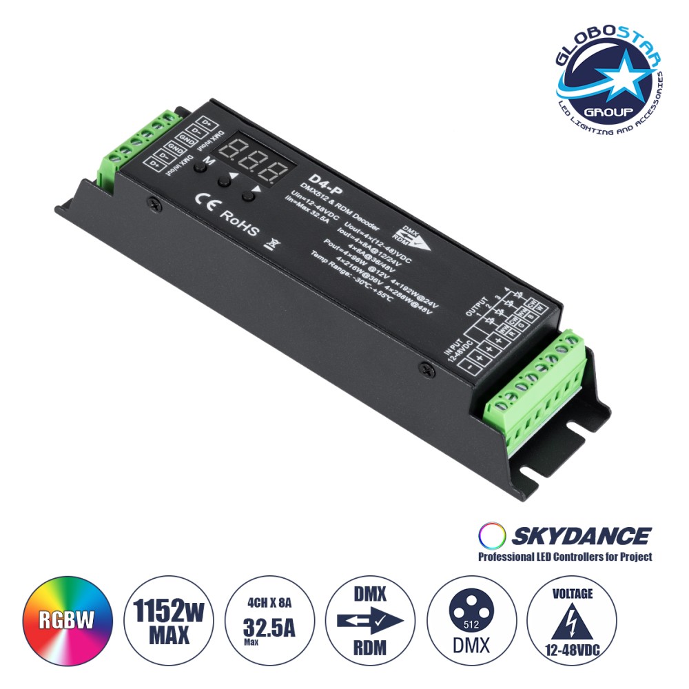 GLOBOSTAR® SKYDANCE-D4-P 70669 DC DMX Master Dimmer / Controller / Decoder Υψηλής Ταχύτητας με 4 x 8A 384W Κανάλια 12-48V 32.5A 1152W Max IP20 - DMX512 & RDM - Μ17.5 x Π4.5 x Υ2.8cm - 5 Χρόνια Εγγύηση