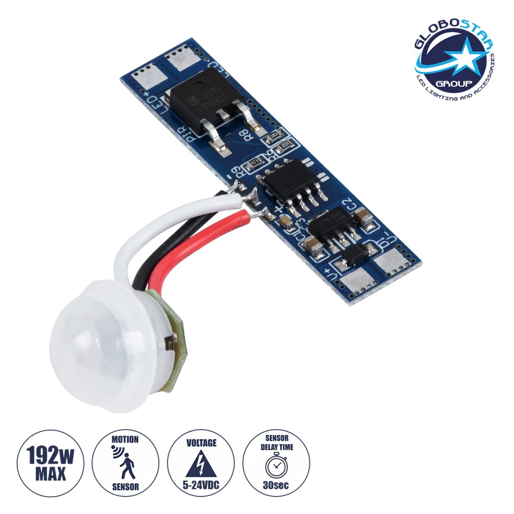 GLOBOSTAR® SENSORA 70692 Ανιχνευτής PIR / Αισθητήρας Κίνησης Ειδικός για Προφίλ Αλουμινίου 180° DC 5-24V 8A 192W Max IP20 - Μ4.3 x Π1 x Υ1.5cm - 2 Χρόνια Εγγύηση