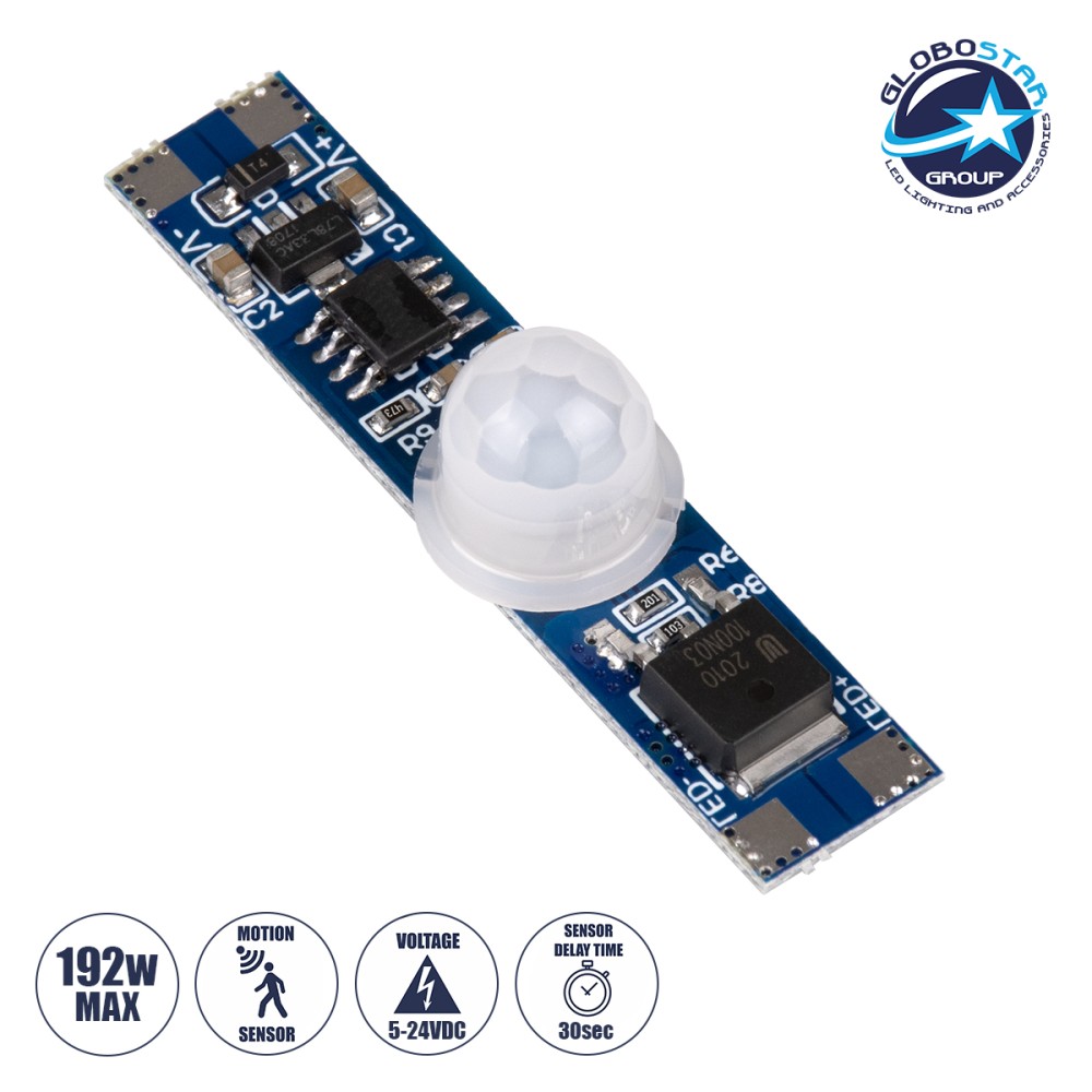 GLOBOSTAR® SENSORA 70697 Ανιχνευτής PIR / Αισθητήρας Κίνησης Ειδικός για Προφίλ Αλουμινίου 180° DC 5-24V 6A 144W Max IP20 - Μ4.9 x Π1 x Υ1.2cm - 2 Χρόνια Εγγύηση