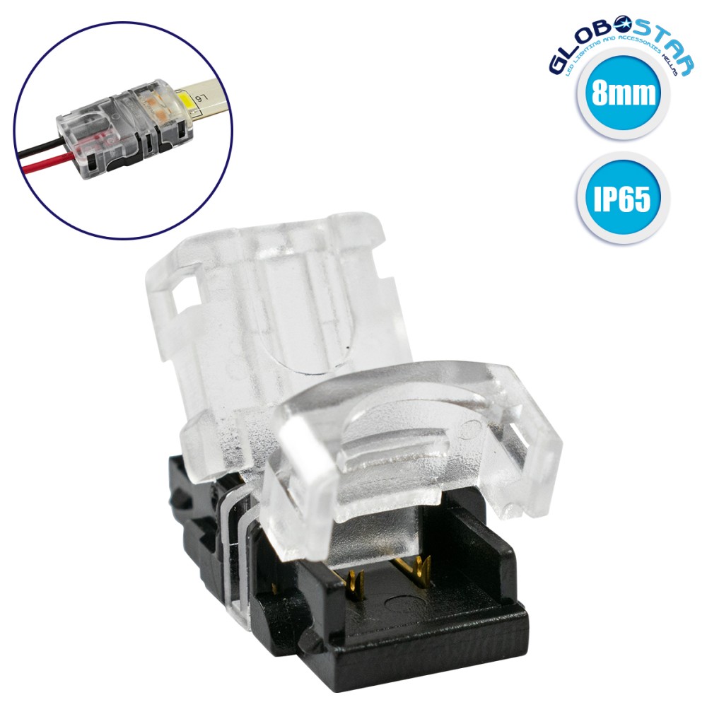 GLOBOSTAR® STRIPCON 70716 Ταχυσύνδεσμος για Μονόχρωμη Ταινία LED 8mm σε 2 Καλώδια Αδιάβροχο IP65 - Διάφανο - Μ1.3 x Π2.4 x Υ0.8cm