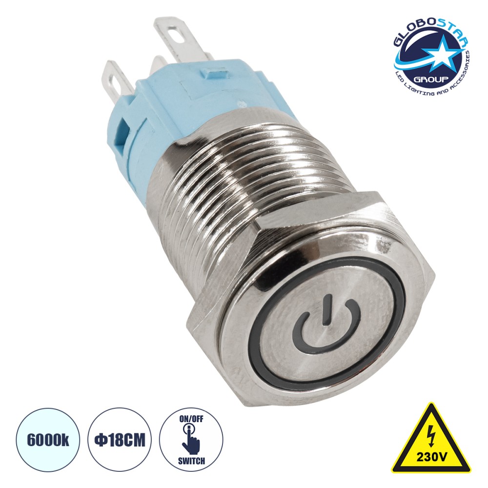 GLOBOSTAR® BUTTON 70770 Φωτιζόμενος Χωνευτός Διακόπτης On/Off LED AC 220-240V 1 x 3A 690W Αδιάβροχο IP65 Ψυχρό Λευκό 6000K - Μ1.8 x Π1.8 x Υ2cm - 2 Χρόνια Εγγύηση