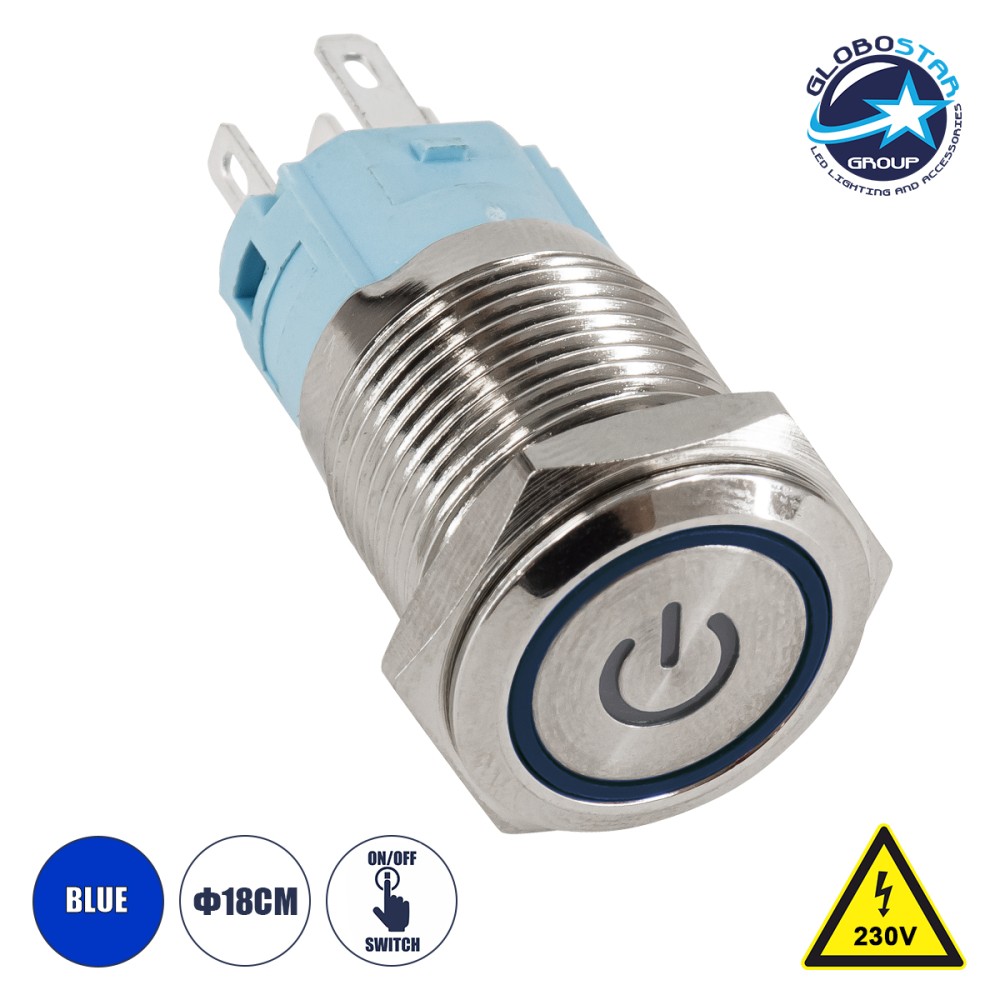 GLOBOSTAR® BUTTON 70773 Φωτιζόμενος Χωνευτός Διακόπτης On/Off LED AC 220-240V 1 x 3A 690W Max Αδιάβροχο IP65 Μπλε - Μ1.8 x Π1.8 x Υ2cm - 2 Χρόνια Εγγύηση