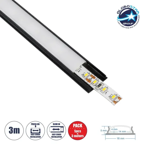 GloboStar® ALP-LINEAR CURBARIO 70804-3M Προφίλ Αλουμινίου - Βάση & Ψύκτρα Ταινίας LED με Λευκό Γαλακτερό Κάλυμμα - Επιφανειακή Χρήση - Εύκαμπτο με Δυνατότητα Κυρτής Τοποθέτησης - Πατητό Κάλυμμα - Μαύρο - 3 Μέτρα - Πακέτο 5 Τεμαχίων - Μ300 x Π1.8 x Υ0.