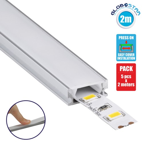 GLOBOSTAR® ALP-LINEAR SURFABO 70805-2M Επιφανειακό Προφίλ Αλουμινίου με Λευκό Γαλακτερό Πατητό Κάλυμμα για Ταινίες LED IP20 - Ασημί & Λευκό - Μ200 x Π1.6 x Υ0.7cm - Πακέτο 5 Τεμαχίων
