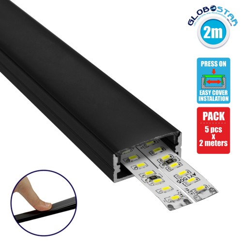 GloboStar® SURFACE-PROFILE 70810-2M Προφίλ Αλουμινίου - Βάση & Ψύκτρα Ταινίας LED με Μαύρο Φιμέ Κάλυμμα - Επιφανειακή Χρήση - Πατητό Κάλυμμα - Μαύρο - 2 Μέτρα - Πακέτο 5 Τεμαχίων - Μ200 x Π2.4 x Υ1.1cm