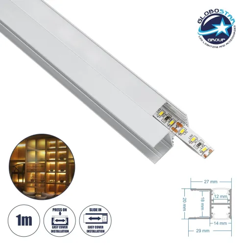 GLOBOSTAR® ALP-R-SHELF DODA 70814-1M Χωνευτό Προφίλ Αλουμινίου Ειδικό για Φωτισμό Ραφιού 18mm με Λευκό Γαλακτερό Πατητό Κάλυμμα για Ταινίες LED IP20 - Ασημί & Λευκό - Μ100 x Π1.5 x Υ2cm