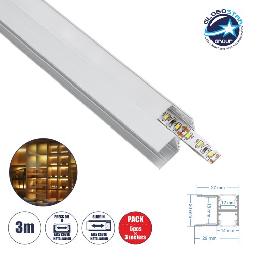 GLOBOSTAR® ALP-R-SHELF DODA 70814-3M Χωνευτό Προφίλ Αλουμινίου Ειδικό για Φωτισμό Ραφιού 18mm με Λευκό Γαλακτερό Πατητό Κάλυμμα για Ταινίες LED IP20 - Ασημί & Λευκό- Μ300 x Π1.5 x Υ2cm - Πακέτο 5 Τεμαχίων