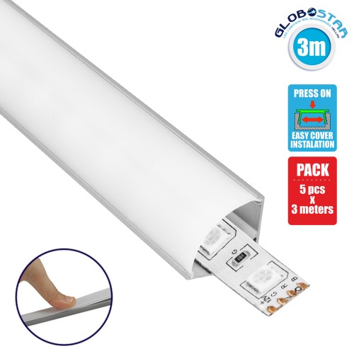 GLOBOSTAR® ALP-CORNER LINEO 70815-3M Επιφανειακό Γωνιακό Προφίλ Αλουμινίου με Λευκό Γαλακτερό Πατητό Κάλυμμα για Ταινίες LED IP20 - Ασημί & Λευκό - Μ300 x Π1.6 x Υ1.6cm - Πακέτο 5 Τεμαχίων