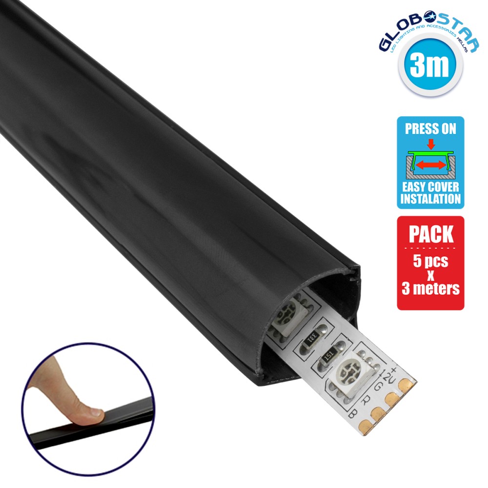 GLOBOSTAR® ALP-CORNER LINEO 70816-3M Επιφανειακό Γωνιακό Προφίλ Αλουμινίου με Μαύρο Φιμέ Πατητό Κάλυμμα για Ταινίες LED IP20 - Μαύρο - Μ300 x Π1.6 x Υ1.6cm - Πακέτο 5 Τεμαχίων