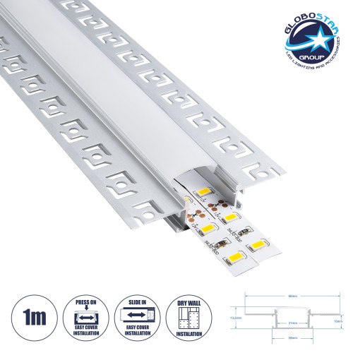 GLOBOSTAR® ALP-PLASTERIN GYPSO 70819-1M Χωνευτό Προφίλ Αλουμινίου Ειδικό για Γυψοσανίδα με Λευκό Γαλακτερό Πατητό Κάλυμμα για Ταινίες LED IP20 - Ασημί & Λευκό - Μ100 x Π6.7 x Υ1.4cm
