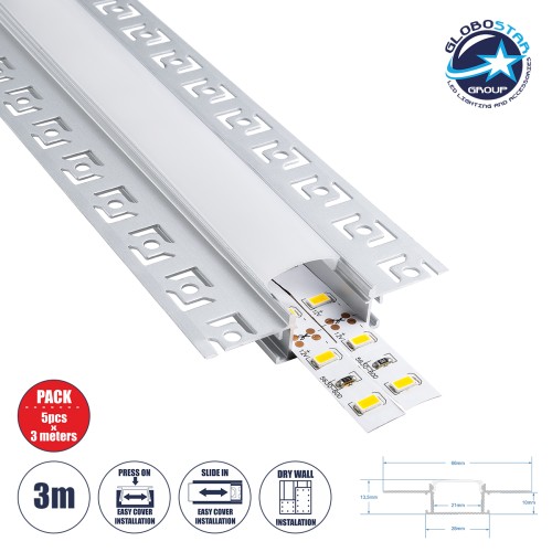 GLOBOSTAR® ALP-PLASTERIN GYPSO 70819-3M Χωνευτό Προφίλ Αλουμινίου Ειδικό για Γυψοσανίδα με Λευκό Γαλακτερό Πατητό Κάλυμμα για Ταινίες LED IP20 - Ασημί & Λευκό - Μ300 x Π6.7 x Υ1.4cm - Πακέτο 5 Τεμαχίων