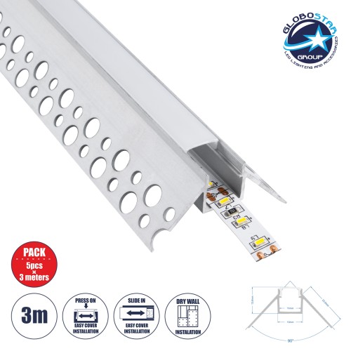 GLOBOSTAR® ALP-PLASTERIN GYPSO 70821-3M Χωνευτό Προφίλ Αλουμινίου Ειδικό για  Εξωτερική Γωνία Γυψοσανίδας με Λευκό Γαλακτερό Πατητό Κάλυμμα για Ταινίες LED IP20 - Ασημί & Λευκό - Μ300 x Π4.5 x Υ2cm - Πακέτο 5 Τεμαχίων