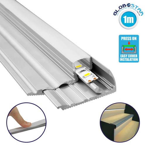 GloboStar® STAIR-PROFILE 70823-1M Προφίλ Αλουμινίου - Βάση & Ψύκτρα Ταινίας LED με Λευκό Γαλακτερό Κάλυμμα - Χρήση σε Σκαλοπάτια - Πατητό Κάλυμμα - Ασημί - 1 Μέτρο - Μ100 x Π6 x Υ2.1cm