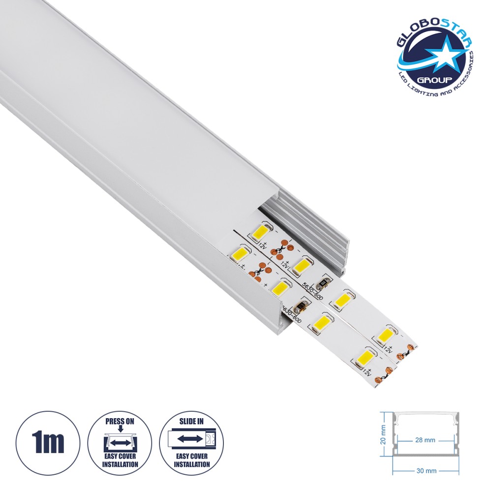 GloboStar® SURFACE-PROFILE 70824-1M Προφίλ Αλουμινίου - Βάση & Ψύκτρα Ταινίας LED με Λευκό Γαλακτερό Κάλυμμα - Επιφανειακή Χρήση - Πατητό Κάλυμμα - Ασημί - 1 Μέτρο - Μ100 x Π3 x Υ2cm