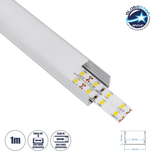 GloboStar® SURFACE-PROFILE 70824-1M Προφίλ Αλουμινίου - Βάση & Ψύκτρα Ταινίας LED με Λευκό Γαλακτερό Κάλυμμα - Επιφανειακή Χρήση - Πατητό Κάλυμμα - Ασημί - 1 Μέτρο - Μ100 x Π3 x Υ2cm