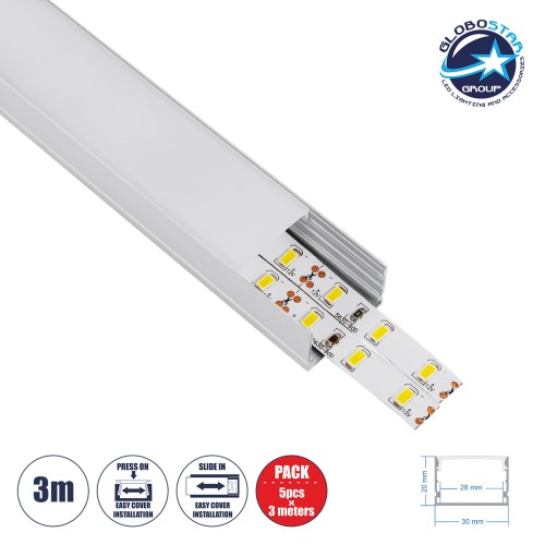 GloboStar® SURFACE-PROFILE 70824-3M Προφίλ Αλουμινίου - Βάση & Ψύκτρα Ταινίας LED με Λευκό Γαλακτερό Κάλυμμα - Επιφανειακή Χρήση - Πατητό Κάλυμμα - Ασημί - 3 Μέτρα - Πακέτο 5 Τεμαχίων - Μ300 x Π3 x Υ2cm