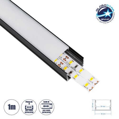 GLOBOSTAR® ALP-LINEAR VEXTA 70825-1M Επιφανειακό Προφίλ Αλουμινίου με Λευκό Γαλακτερό Πατητό Κάλυμμα για Ταινίες LED IP20 - Μαύρο & Λευκό - Μ100 x Π3 x Υ2cm