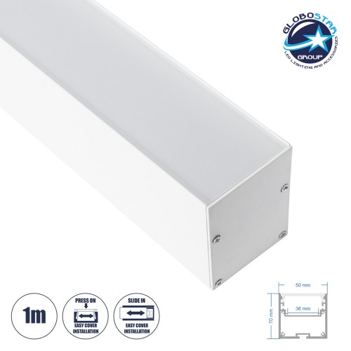 GloboStar® SURFACEPENDANT-PROFILE 70827-1M Προφίλ Αλουμινίου - Βάση & Ψύκτρα Ταινίας LED με Λευκό Γαλακτερό Κάλυμμα - Επιφανειακή & Κρεμαστή Χρήση - Πατητό Κάλυμμα - Λευκό - 1 Μέτρο - Μ100 x Π5 x Υ7cm