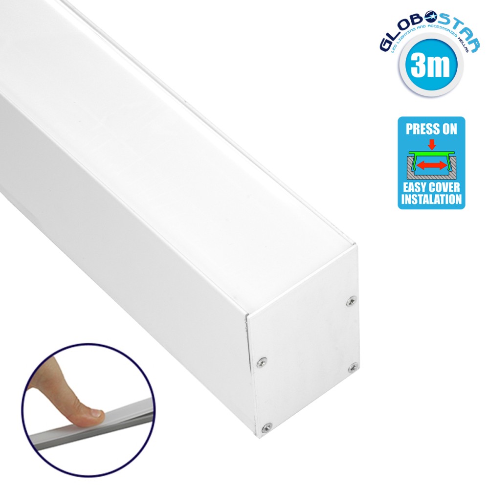 GloboStar® SURFACEPENDANT-PROFILE 70827-3M Προφίλ Αλουμινίου - Βάση & Ψύκτρα Ταινίας LED με Λευκό Γαλακτερό Κάλυμμα - Επιφανειακή & Κρεμαστή Χρήση - Πατητό Κάλυμμα - Λευκό - 3 Μέτρα - Μ300 x Π5 x Υ7cm