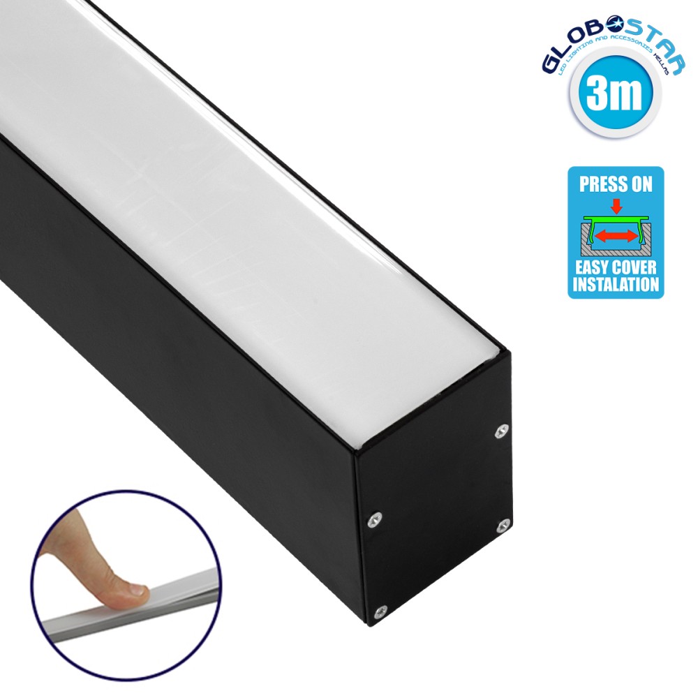GLOBOSTAR® ALP-LINEAR VERTEX 70828-3M Επιφανειακό Προφίλ Αλουμινίου με Λευκό Γαλακτερό Πατητό Κάλυμμα για Ταινίες LED IP20 - Μαύρο & Λευκό - Μ300 x Π5 x Υ7cm