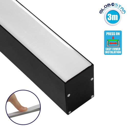 GLOBOSTAR® ALP-LINEAR VERTEX 70828-3M Επιφανειακό Προφίλ Αλουμινίου με Λευκό Γαλακτερό Πατητό Κάλυμμα για Ταινίες LED IP20 - Μαύρο & Λευκό - Μ300 x Π5 x Υ7cm