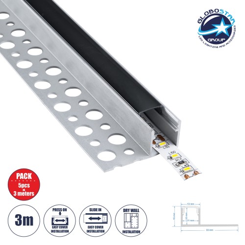 GLOBOSTAR® ALP-PLASTERIN GYPSO 70835-3M Χωνευτό Τερματικό Προφίλ Αλουμινίου Ειδικό για Γυψοσανίδα με Μαύρο Φιμέ Πατητό Κάλυμμα για Ταινίες LED IP20 - Ασημί & Μαύρο - Μ300 x Π3.1 x Υ1.3cm - Πακέτο 5 Τεμαχίων