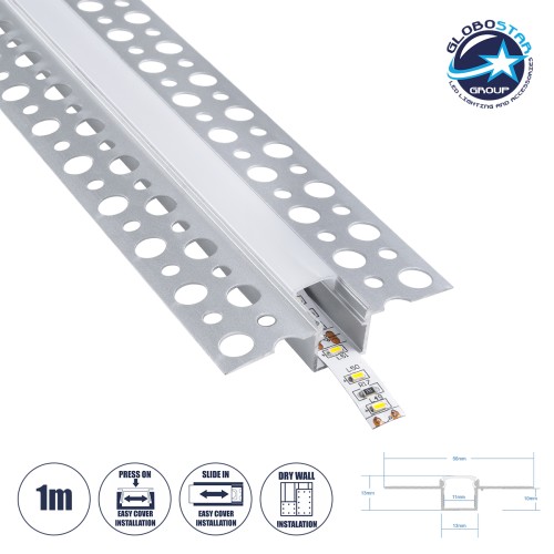 GLOBOSTAR® ALP-PLASTERIN GYPSO 70838-1M Χωνευτό Προφίλ Αλουμινίου Ειδικό για Γυψοσανίδα με Λευκό Γαλακτερό Πατητό Κάλυμμα για Ταινίες LED IP20 - Ασημί & Λευκό - Μ100 x Π5.6 x Υ1.5cm