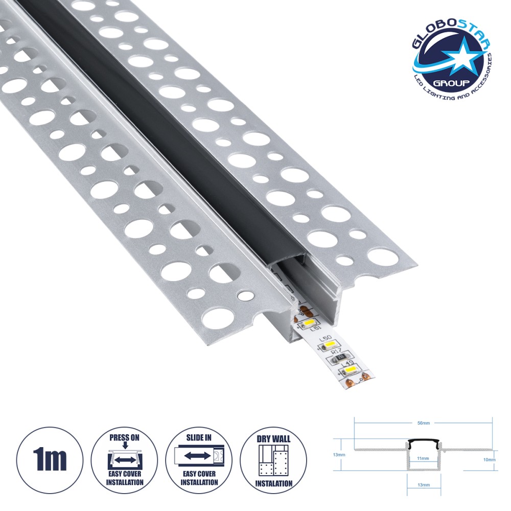 GLOBOSTAR® ALP-PLASTERIN GYPSO 70839-1M Χωνευτό Προφίλ Αλουμινίου Ειδικό για Γυψοσανίδα με Μαύρο Φιμέ Πατητό Κάλυμμα για Ταινίες LED IP20 - Ασημί & Μαύρο - Μ100 x Π5.6 x Υ1.5cm