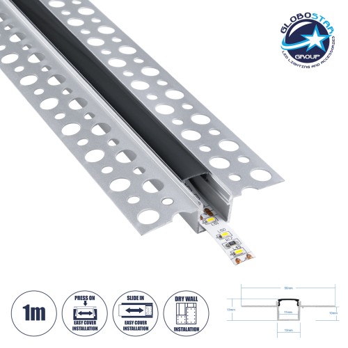 GLOBOSTAR® ALP-PLASTERIN GYPSO 70839-1M Χωνευτό Προφίλ Αλουμινίου Ειδικό για Γυψοσανίδα με Μαύρο Φιμέ Πατητό Κάλυμμα για Ταινίες LED IP20 - Ασημί & Μαύρο - Μ100 x Π5.6 x Υ1.5cm