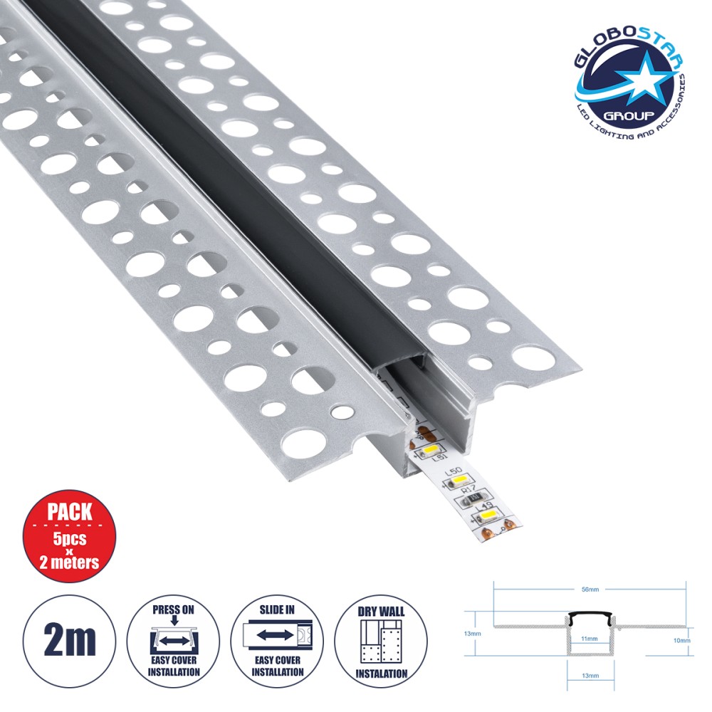GLOBOSTAR® ALP-PLASTERIN GYPSO 70839-2M Χωνευτό Προφίλ Αλουμινίου Ειδικό για Γυψοσανίδα με Μαύρο Φιμέ Πατητό Κάλυμμα για Ταινίες LED IP20 - Ασημί & Μαύρο - Μ200 x Π5.6 x Υ1.5cm - Πακέτο 5 Τεμαχίων