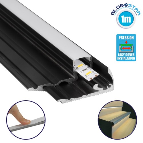 GLOBOSTAR® ALP-STEP-GRIP STAIR 70841-1M Επιφανειακό Προφίλ Αλουμινίου Ειδικό για Φωτισμό Σκαλοπατιού με Λευκό Γαλακτερό Πατητό Κάλυμμα για Ταινίες LED IP20 - Μαύρο & Λευκό - Μ100 x Π6 x Υ2.1cm