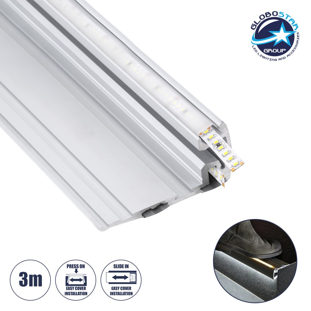 GloboStar® STAIR-PROFILE 70842-3M Προφίλ Αλουμινίου - Βάση & Ψύκτρα Ταινίας LED με Λευκό Γαλακτερό Κάλυμμα - Χρήση σε Σκαλοπάτια - Πατητό Κάλυμμα - Ασημί - 3 Μέτρα - Μ300 x Π8 x Υ3.2cm