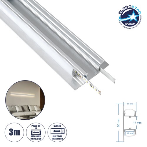 GLOBOSTAR® ALP-WALL-UPDOWN CONCEALED 70844-3M Επιφανειακό Προφίλ Αλουμινίου Ειδικό για Δημιουργία Κρυφού Φωτισμού Up & Down με Λευκό Γαλακτερό Πατητό Κάλυμμα για Ταινίες LED IP20 - Ασημί & Λευκό - Μ300 x Π5 x Υ1.7cm