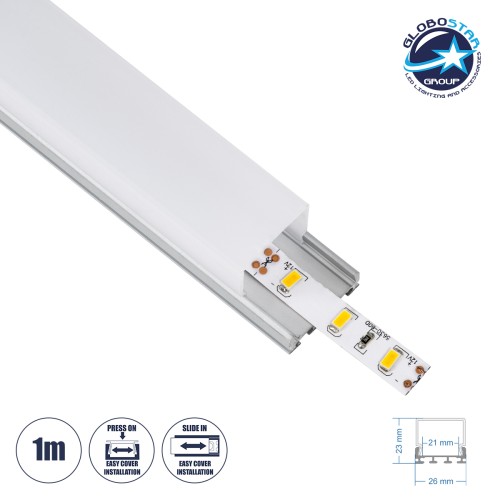GLOBOSTAR® ALP-LINEAR GLOA 70847-1M Επιφανειακό & Κρεμαστό Προφίλ Αλουμινίου με Λευκό Γαλακτερό Πατητό Κάλυμμα για Ταινίες LED IP20 - Ασημί & Λευκό - Μ100 x Π2.6 x Υ2.3cm