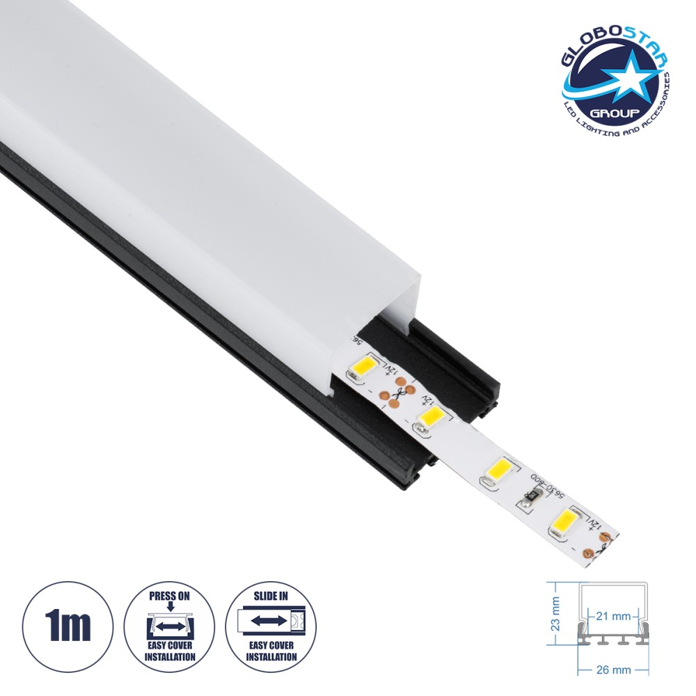 GLOBOSTAR® ALP-LINEAR GLOA 70849-1M Επιφανειακό & Κρεμαστό Προφίλ Αλουμινίου με Λευκό Γαλακτερό Πατητό Κάλυμμα για Ταινίες LED IP20 - Μαύρο & Λευκό - Μ100 x Π2.6 x Υ2.3cm
