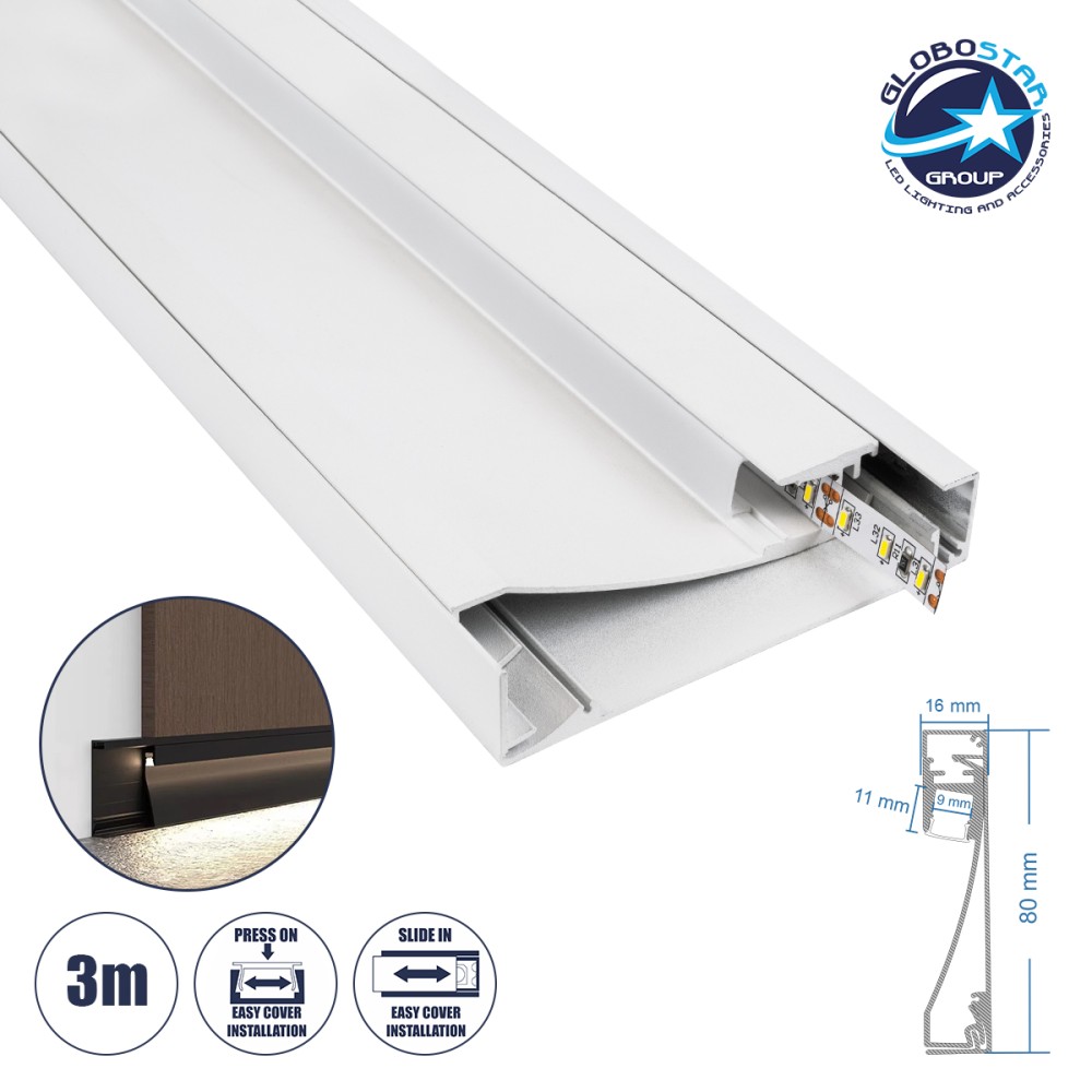 GloboStar® SKIRTINGBOARD-PROFILE 70851-3M Προφίλ Αλουμινίου - Βάση & Ψύκτρα Ταινίας LED με Λευκό Γαλακτερό Κάλυμμα - Επιφανειακή Χρήση για Περβάζι - Πατητό Κάλυμμα - Λευκό - 3 Μέτρα - Μ300 x Π1.6 x Υ8cm