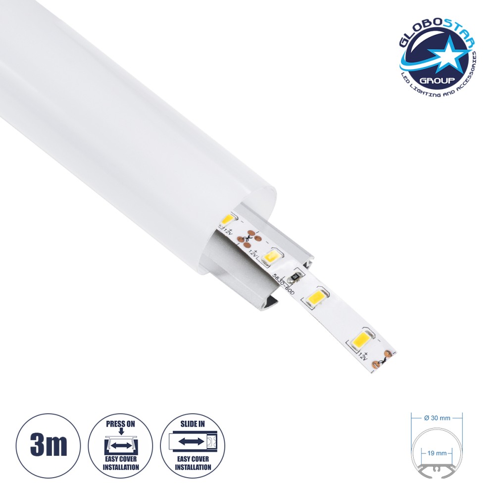 GLOBOSTAR® ALP-ROUND TUBIT 70853-3M Επιφανειακό & Κρεμαστό Προφίλ Αλουμινίου με Λευκό Γαλακτερό Πατητό Κάλυμμα για Ταινίες LED IP20 - Ασημί & Λευκό - Μ300 x Π3 x Υ3cm