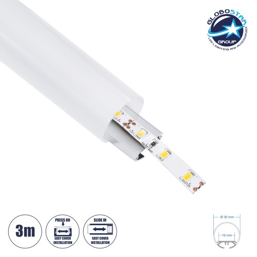 GLOBOSTAR® ALP-ROUND TUBIT 70853-3M Επιφανειακό & Κρεμαστό Προφίλ Αλουμινίου με Λευκό Γαλακτερό Πατητό Κάλυμμα για Ταινίες LED IP20 - Ασημί & Λευκό - Μ300 x Π3 x Υ3cm