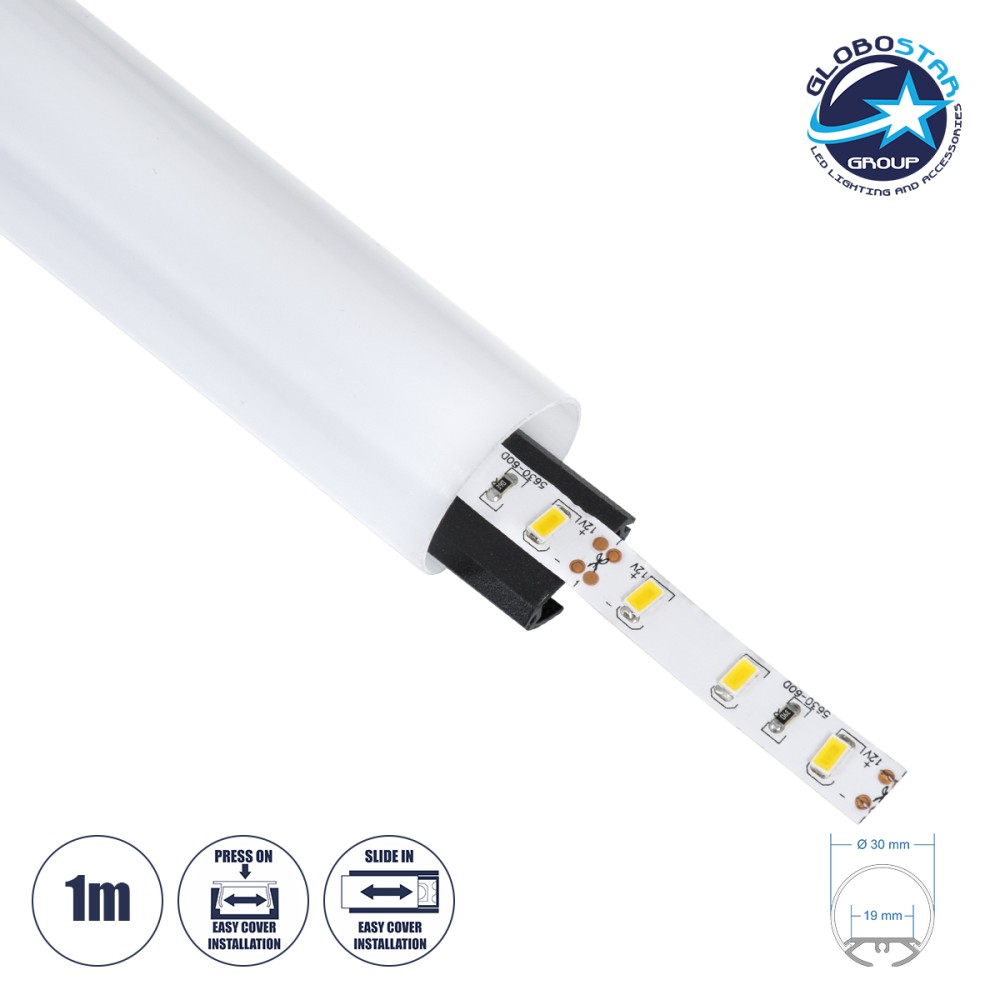 GLOBOSTAR® ALP-ROUND TUBIT 70854-1M Επιφανειακό & Κρεμαστό Προφίλ Αλουμινίου με Λευκό Γαλακτερό Πατητό Κάλυμμα για Ταινίες LED IP20 - Μαύρο & Λευκό - Μ100 x Π3 x Υ3cm
