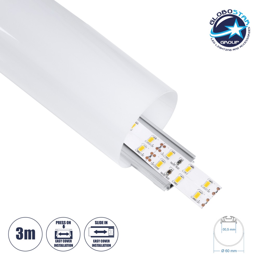 GLOBOSTAR® ALP-ROUND TUBIT 70855-3M Επιφανειακό & Κρεμαστό Προφίλ Αλουμινίου με Λευκό Γαλακτερό Πατητό Κάλυμμα για Ταινίες LED IP20 - Ασημί & Λευκό - Μ300 x Π6 x Υ6cm