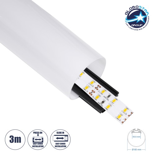 GLOBOSTAR® ALP-ROUND TUBIT 70856-3M Επιφανειακό & Κρεμαστό Προφίλ Αλουμινίου με Λευκό Γαλακτερό Πατητό Κάλυμμα για Ταινίες LED IP20 - Μαύρο & Λευκό - Μ300 x Π6 x Υ6cm