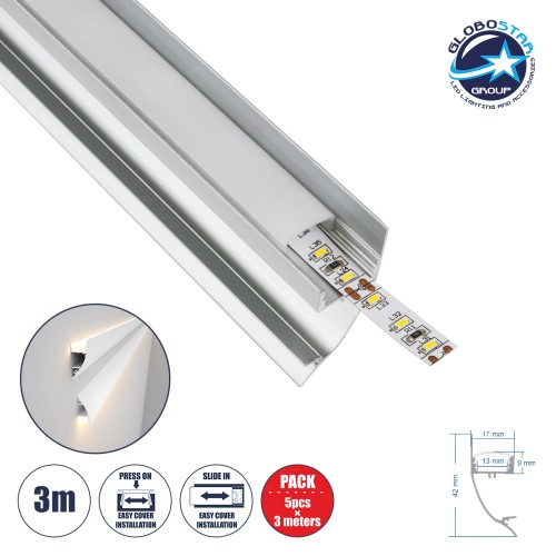 GloboStar® SURFACE-PROFILE 70857-3M Προφίλ Αλουμινίου - Βάση & Ψύκτρα Ταινίας LED με Λευκό Γαλακτερό Κάλυμμα - Επιφανειακή Χρήση Δημιουργίας Κρυφού Φωτισμού - Πατητό Κάλυμμα - Ασημί - 3 Μέτρα - Πακέτο 5 Τεμαχίων - Μ300 x Π1.7 x Υ4.2cm