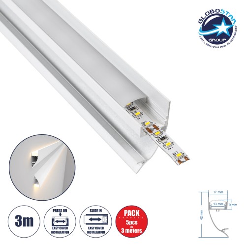 GloboStar® SURFACE-PROFILE 70858-3M Προφίλ Αλουμινίου - Βάση & Ψύκτρα Ταινίας LED με Λευκό Γαλακτερό Κάλυμμα - Επιφανειακή Χρήση Δημιουργίας Κρυφού Φωτισμού - Πατητό Κάλυμμα - Λευκό - 3 Μέτρα - Πακέτο 5 Τεμαχίων - Μ300 x Π1.7 x Υ4.2cm