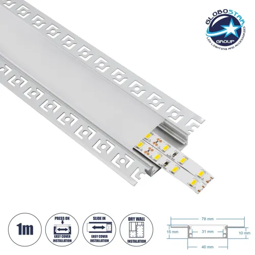 GLOBOSTAR® ALP-PLASTERIN GYPSO 70861-1M Χωνευτό Προφίλ Αλουμινίου Ειδικό για Γυψοσανίδα με Λευκό Γαλακτερό Πατητό Κάλυμμα για Ταινίες LED IP20 - Ασημί & Λευκό - Μ100 x Π7.8 x Υ1.4cm