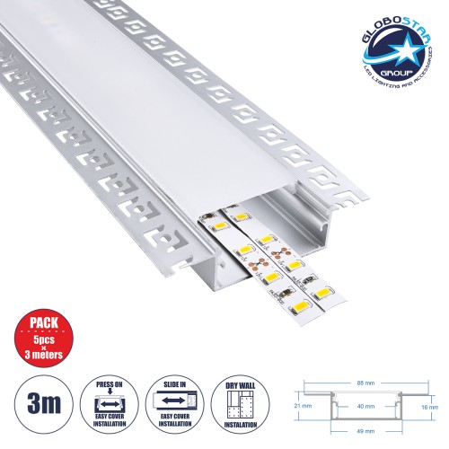 GLOBOSTAR® ALP-PLASTERIN GYPSO 70862-3M Χωνευτό Προφίλ Αλουμινίου Ειδικό για Γυψοσανίδα με Λευκό Γαλακτερό Πατητό Κάλυμμα για Ταινίες LED IP20 - Ασημί & Λευκό - Μ300 x Π8.8 x Υ2cm - Πακέτο 5 Τεμαχίων