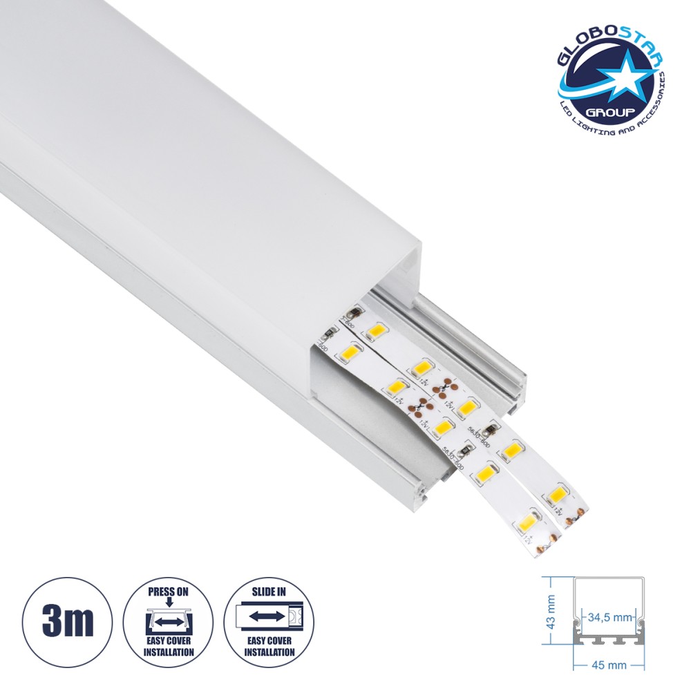 GloboStar® SURFACEPENDANT-PROFILE 70864-3M Προφίλ Αλουμινίου - Βάση & Ψύκτρα Ταινίας LED με Λευκό Γαλακτερό Κάλυμμα - Επιφανειακή & Κρεμαστή Χρήση - Πατητό Κάλυμμα - Ασημί - 3 Μέτρα - Μ300 x Π4.5 x Υ4.2cm