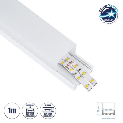 GloboStar® SURFACEPENDANT-PROFILE 70865-1M Προφίλ Αλουμινίου - Βάση & Ψύκτρα Ταινίας LED με Λευκό Γαλακτερό Κάλυμμα - Επιφανειακή & Κρεμαστή Χρήση - Πατητό Κάλυμμα - Λευκό - 1 Μέτρο - Μ100 x Π4.5 x Υ4.2cm