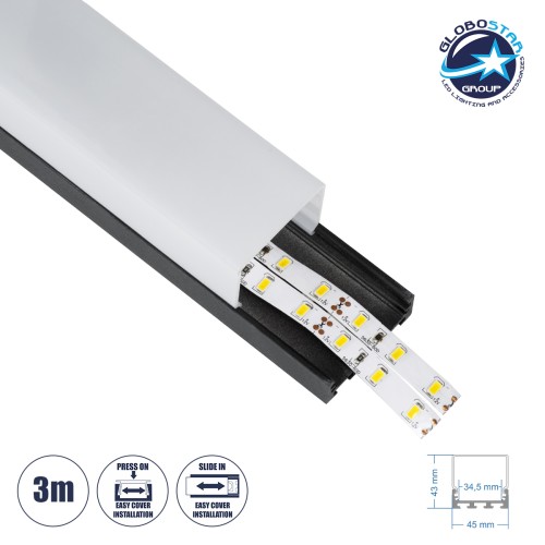 GloboStar® SURFACEPENDANT-PROFILE 70866-3M Προφίλ Αλουμινίου - Βάση & Ψύκτρα Ταινίας LED με Λευκό Γαλακτερό Κάλυμμα - Επιφανειακή & Κρεμαστή Χρήση - Πατητό Κάλυμμα - Μαύρο - 3 Μέτρα - Μ300 x Π4.5 x Υ4.2cm