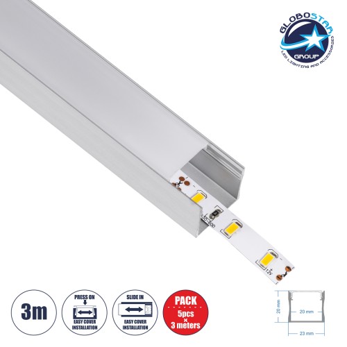 GLOBOSTAR® ALP-LINEAR LIGHTLINE 70867- 3M Επιφανειακό Προφίλ Αλουμινίου με Λευκό Γαλακτερό Πατητό Κάλυμμα για Ταινίες LED IP20 - Ασημί & Λευκό - Πακέτο 5 Τεμαχίων - Μ300 x Π2.3 x Υ2cm