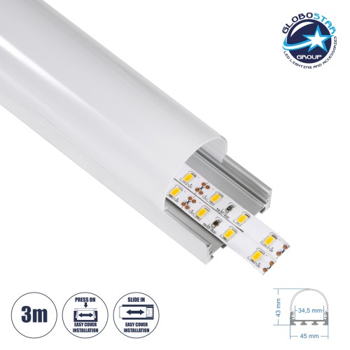 GloboStar® SURFACEPENDANT-PROFILE 70870-3M Προφίλ Αλουμινίου - Βάση & Ψύκτρα Ταινίας LED με Λευκό Γαλακτερό Κάλυμμα - Επιφανειακή & Κρεμαστή Χρήση - Πατητό Κάλυμμα - Ασημί - 3 Μέτρα - Μ300 x Π4.5 x Υ4.2cm